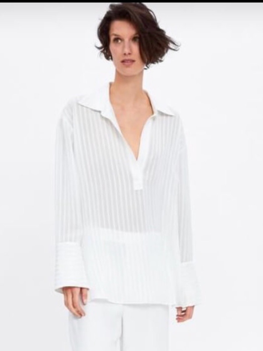 Zara Over Sized White Sheer Stripe Long-Sleeve Shirt Size Small